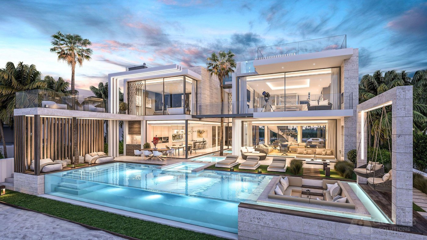 Modern luxury villa with private pool at dusk